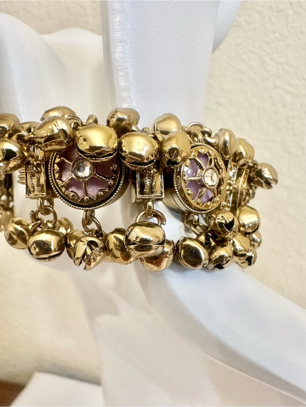 6-7.5” VTG India Gold & Pink Charm Bell Bracelet (Gold Plating over Brass)